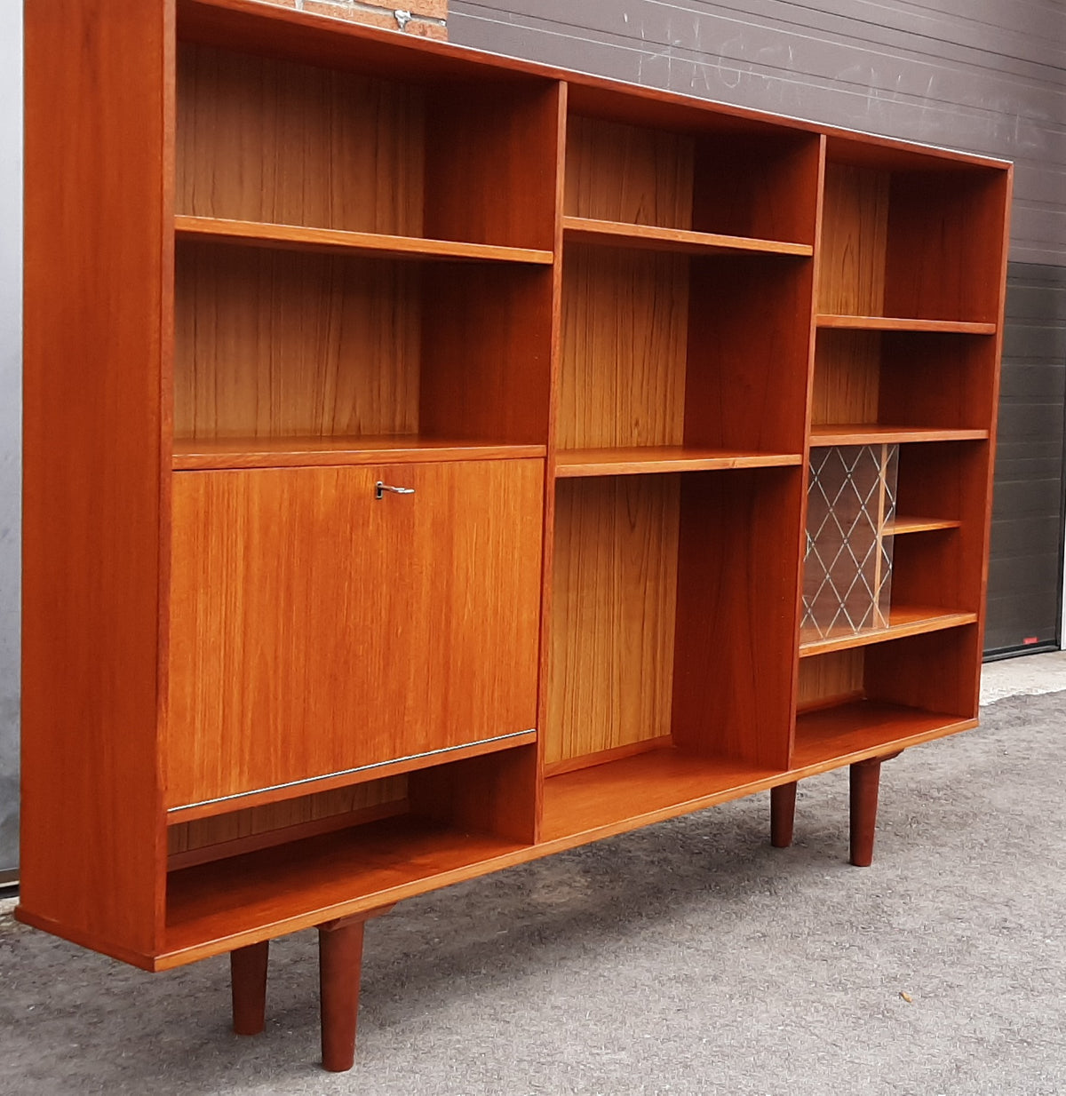 REFINISHED Danish MCM Teak Highboard Display with Bar, Perfect