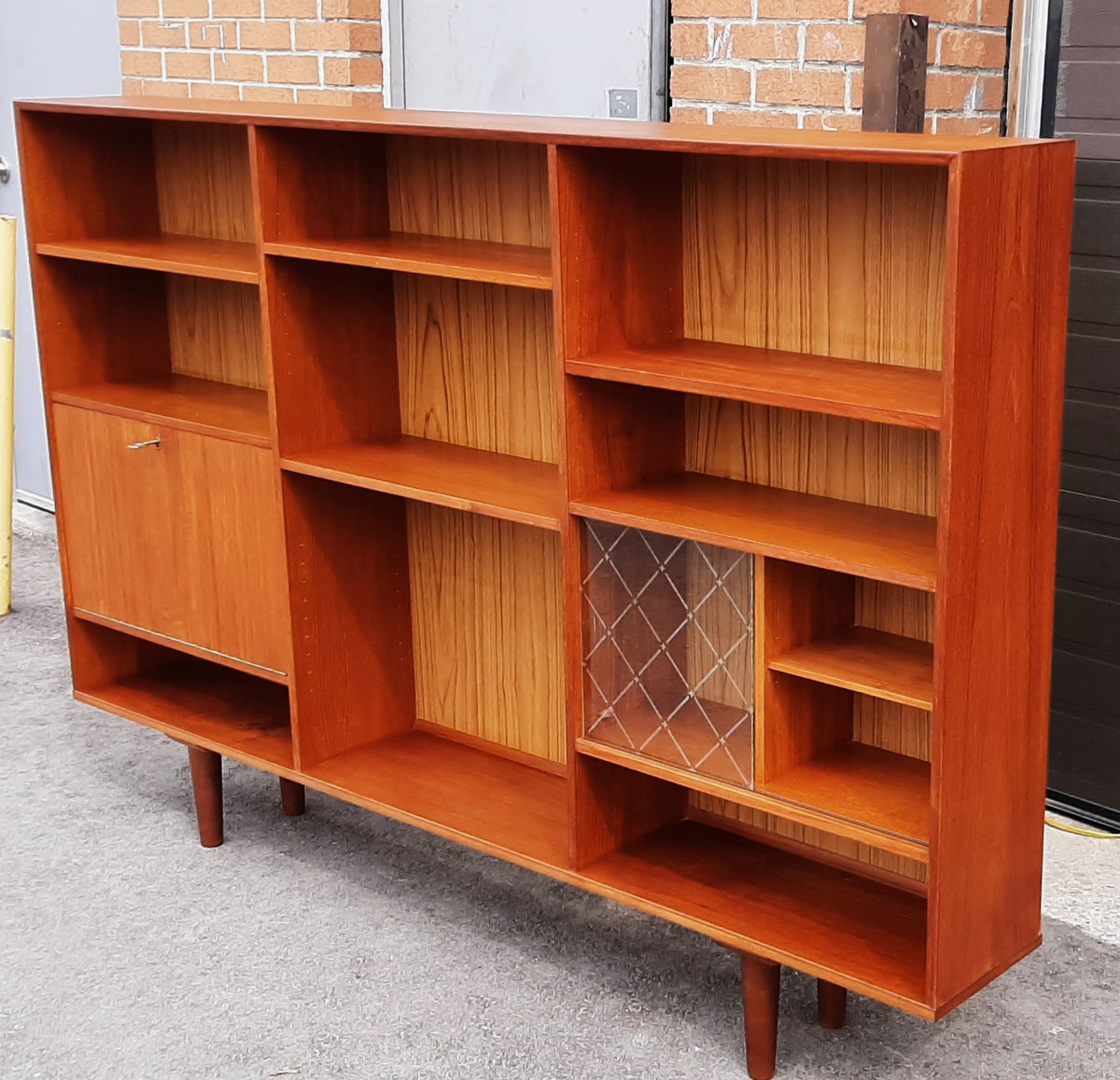 REFINISHED Danish MCM Teak Highboard Display with Bar, Perfect