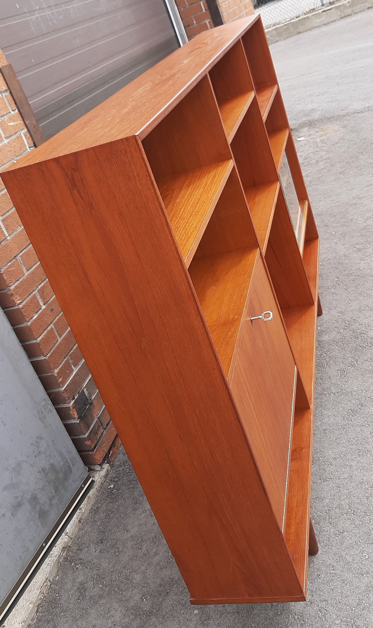 REFINISHED Danish MCM Teak Highboard Display with Bar, Perfect