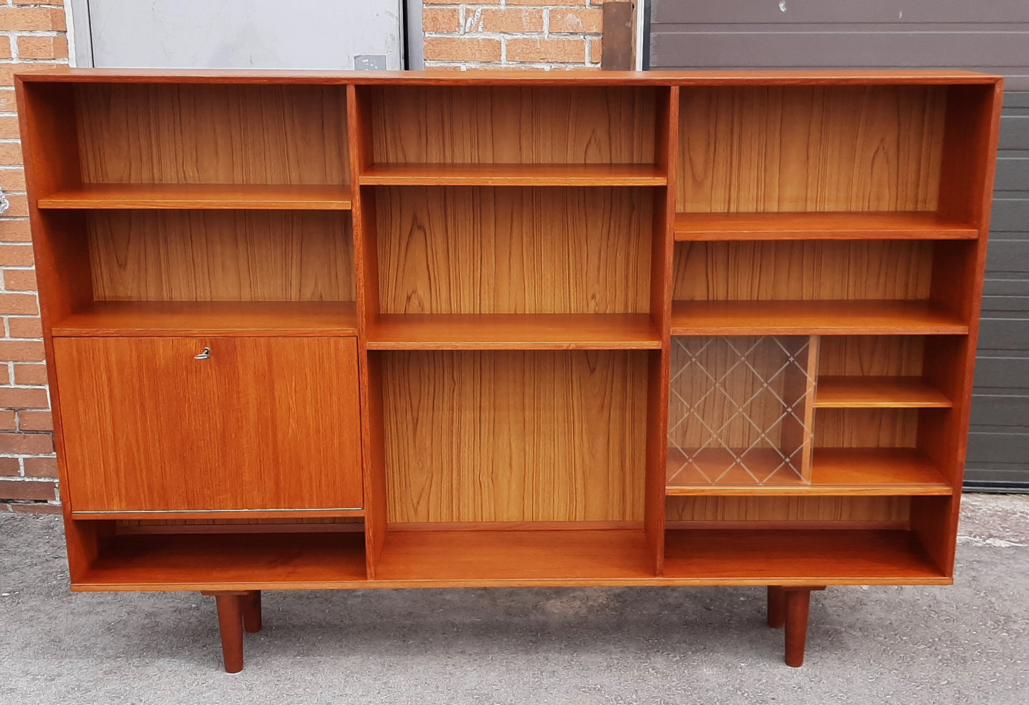 REFINISHED Danish MCM Teak Highboard Display with Bar, Perfect