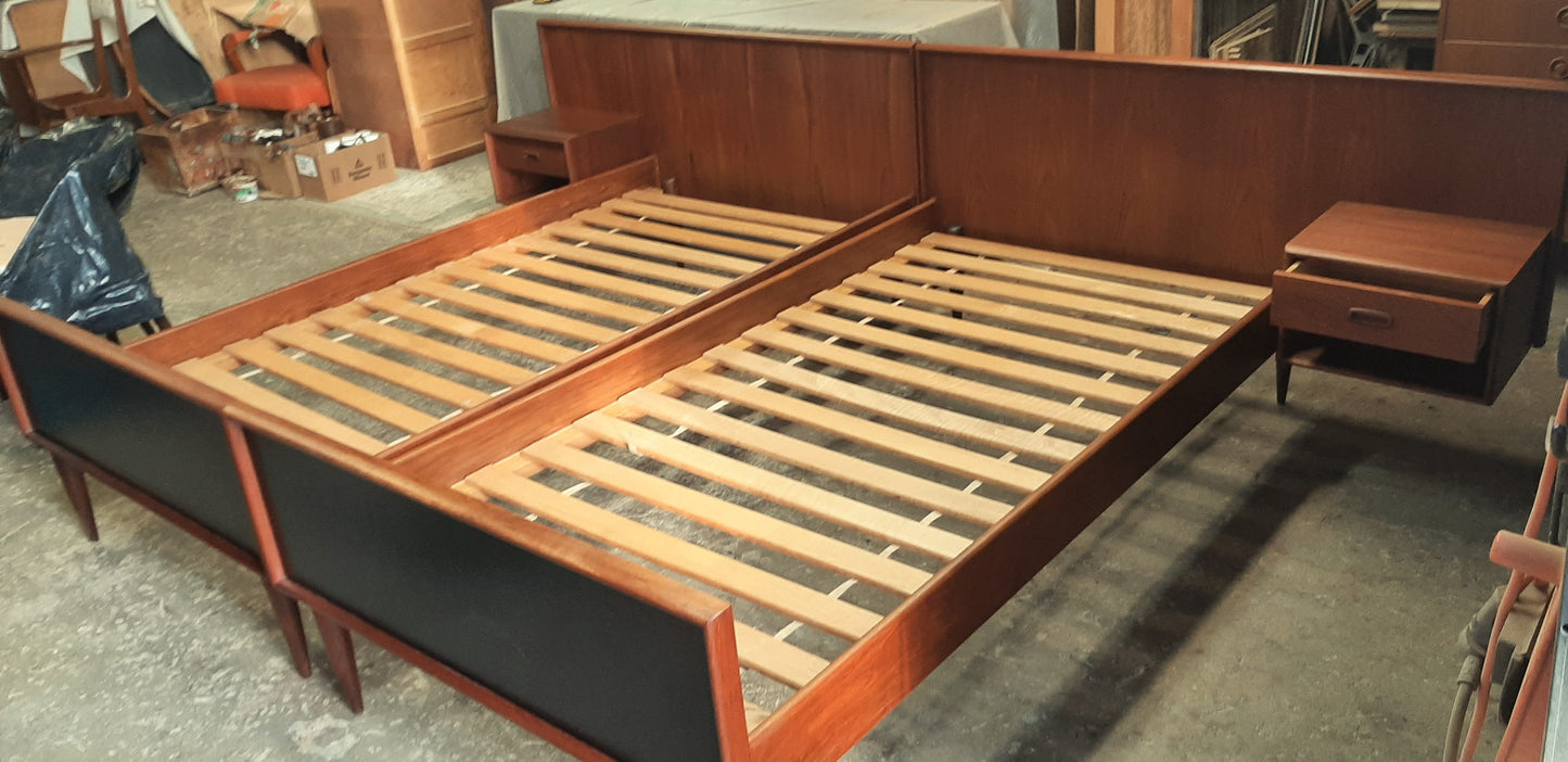 REFINISHED Danish MCM Teak Platform Beds w floating nightstands - set of 2 singles, PERFECT - Mid Century Modern Toronto
