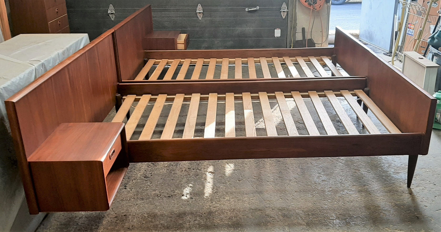 REFINISHED Danish MCM Teak Platform Beds w floating nightstands - set of 2 singles, PERFECT - Mid Century Modern Toronto