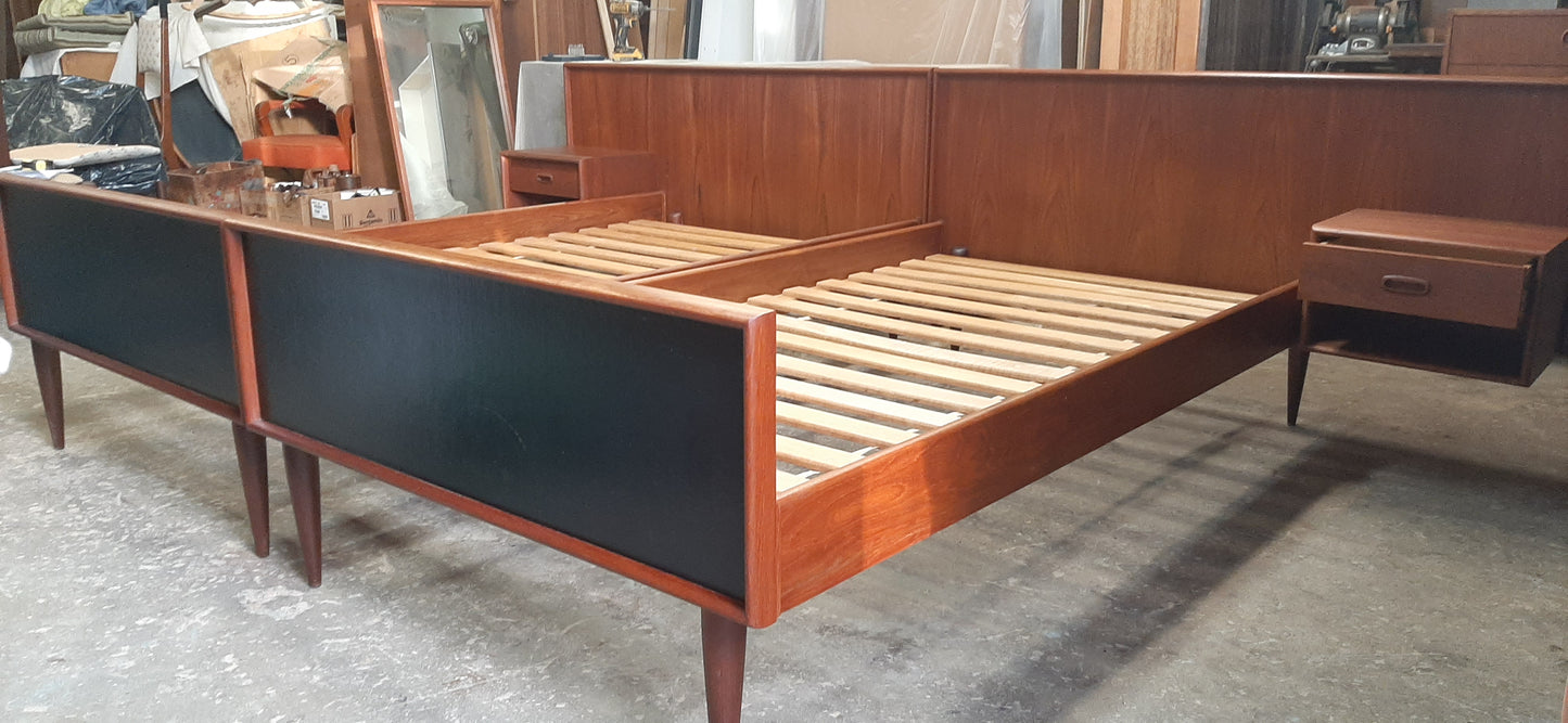 REFINISHED Danish MCM Teak Platform Beds w floating nightstands - set of 2 singles, PERFECT - Mid Century Modern Toronto