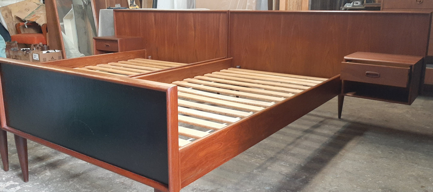 REFINISHED Danish MCM Teak Platform Beds w floating nightstands - set of 2 singles, PERFECT - Mid Century Modern Toronto