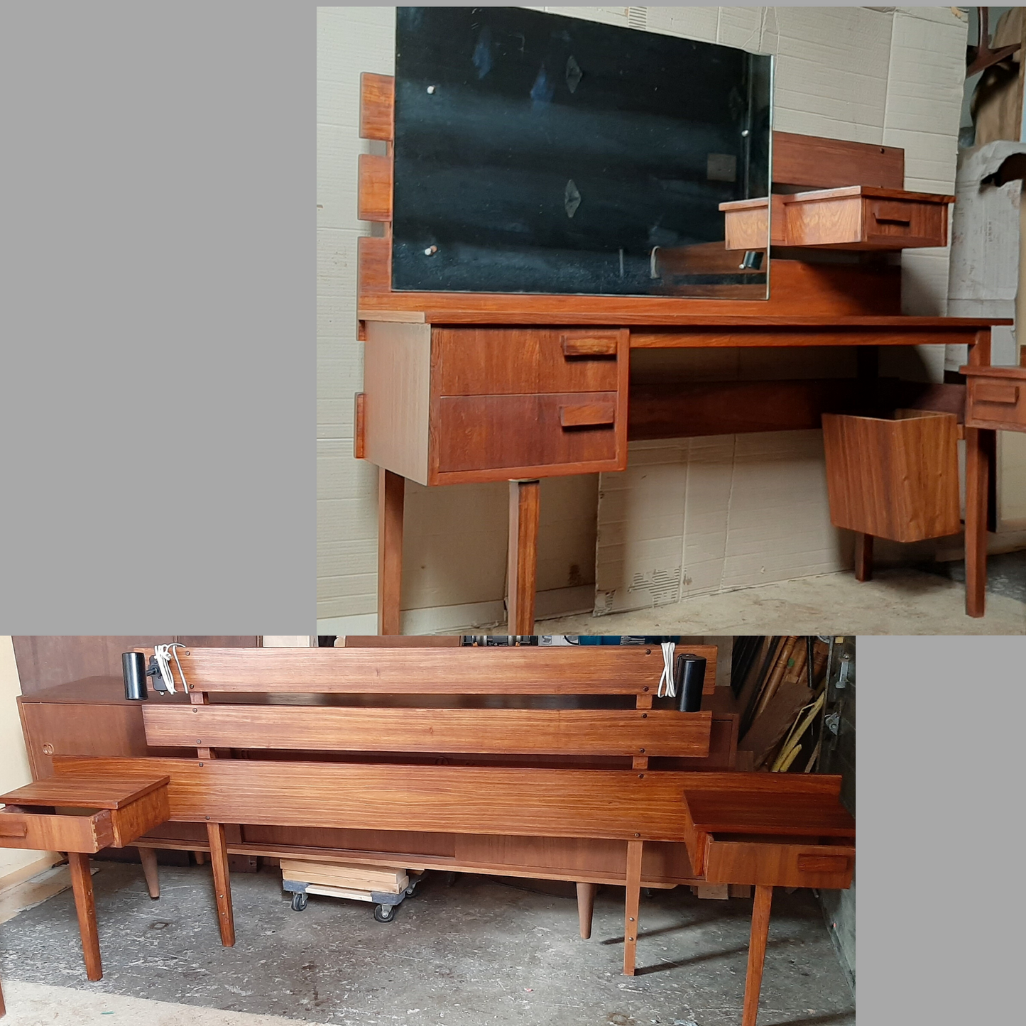 REFINISHED MCM Teak Headboard w floating nightstands Queen and Vanity or Desk, Perfect