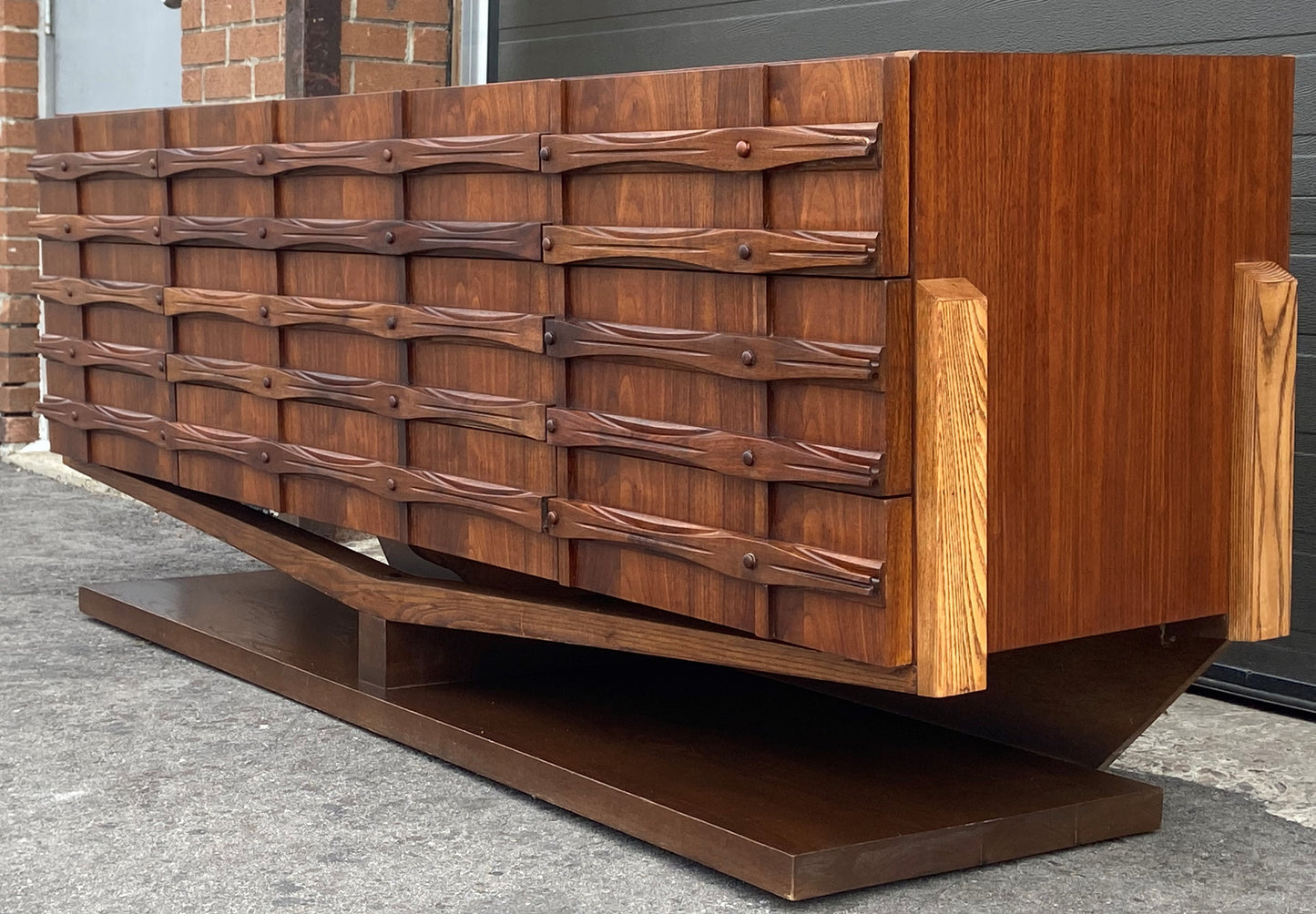 REFINISHED Rare Mid Century Modern Walnut Brutalist Credenza Dresser 78"