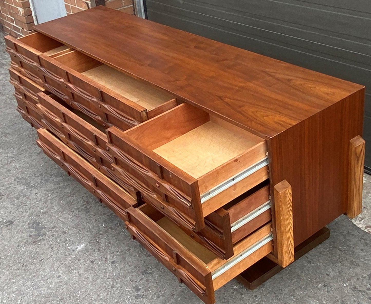 REFINISHED Rare Mid Century Modern Walnut Brutalist Credenza Dresser 78"