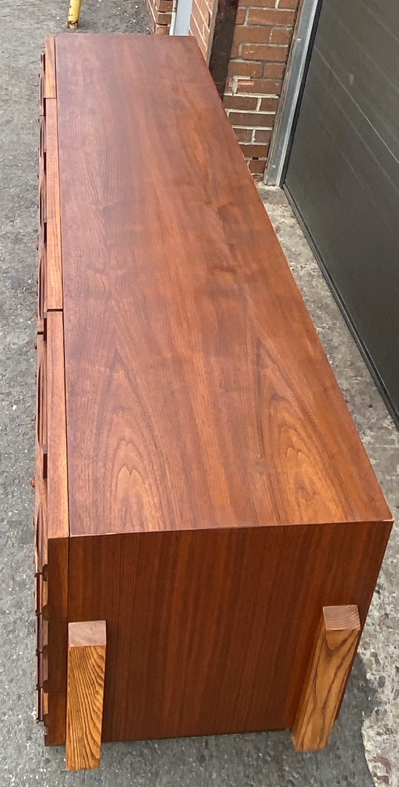REFINISHED Rare Mid Century Modern Walnut Brutalist Credenza Dresser 78"