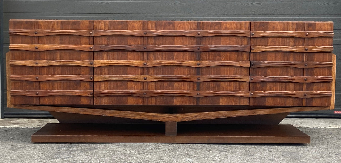 REFINISHED Rare Mid Century Modern Walnut Brutalist Credenza Dresser 78"