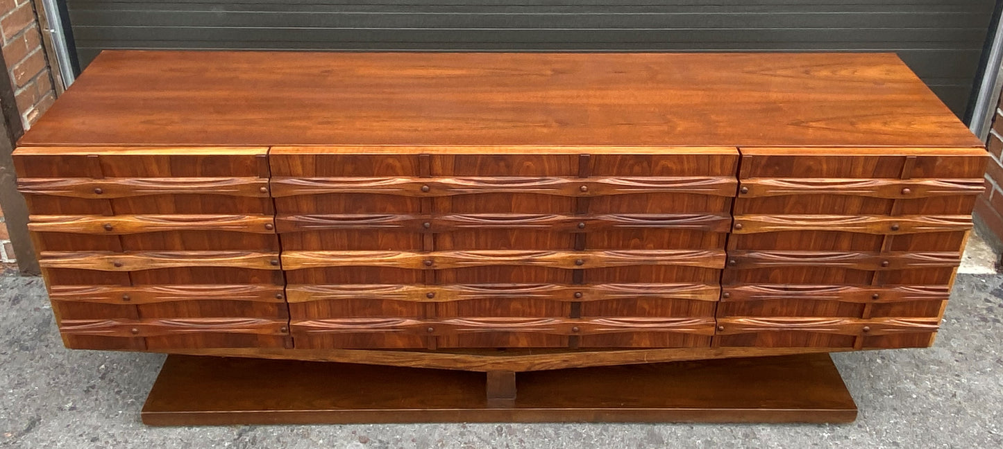 REFINISHED Rare Mid Century Modern Walnut Brutalist Credenza Dresser 78"
