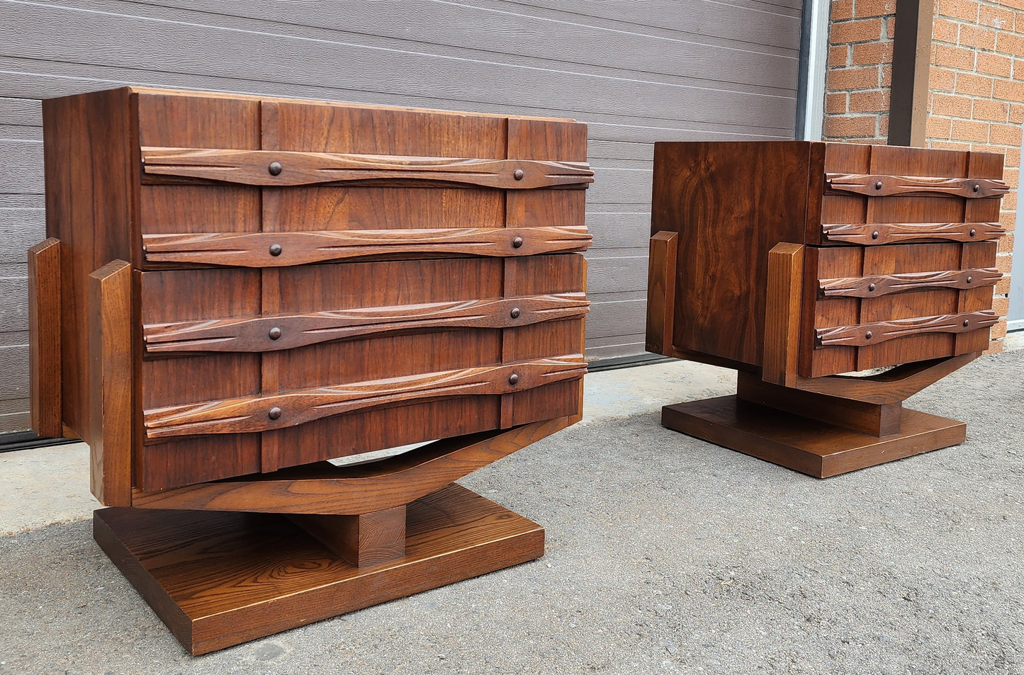 REFINISHED Rare Mid Century Modern Walnut Brutalist Nightstands or End Tables