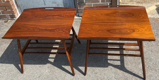 2 REFINISHED Mid Century Modern Walnut tray- style end tables, Perfect