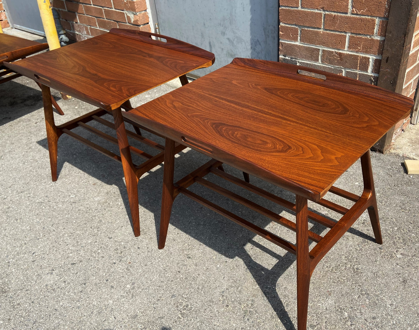 2 REFINISHED Mid Century Modern Walnut tray- style end tables, Perfect