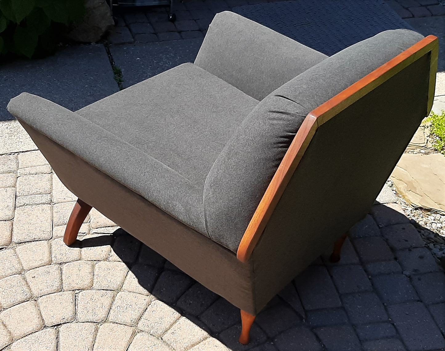 REFINISHED MCM Walnut lounge chair w NEW charcoal wool upholstery & spring base, Perfect