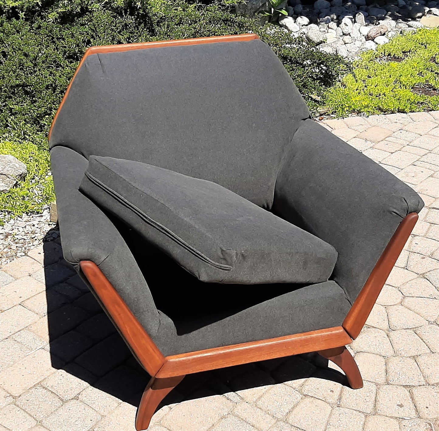 REFINISHED MCM Walnut lounge chair w NEW charcoal wool upholstery & spring base, Perfect