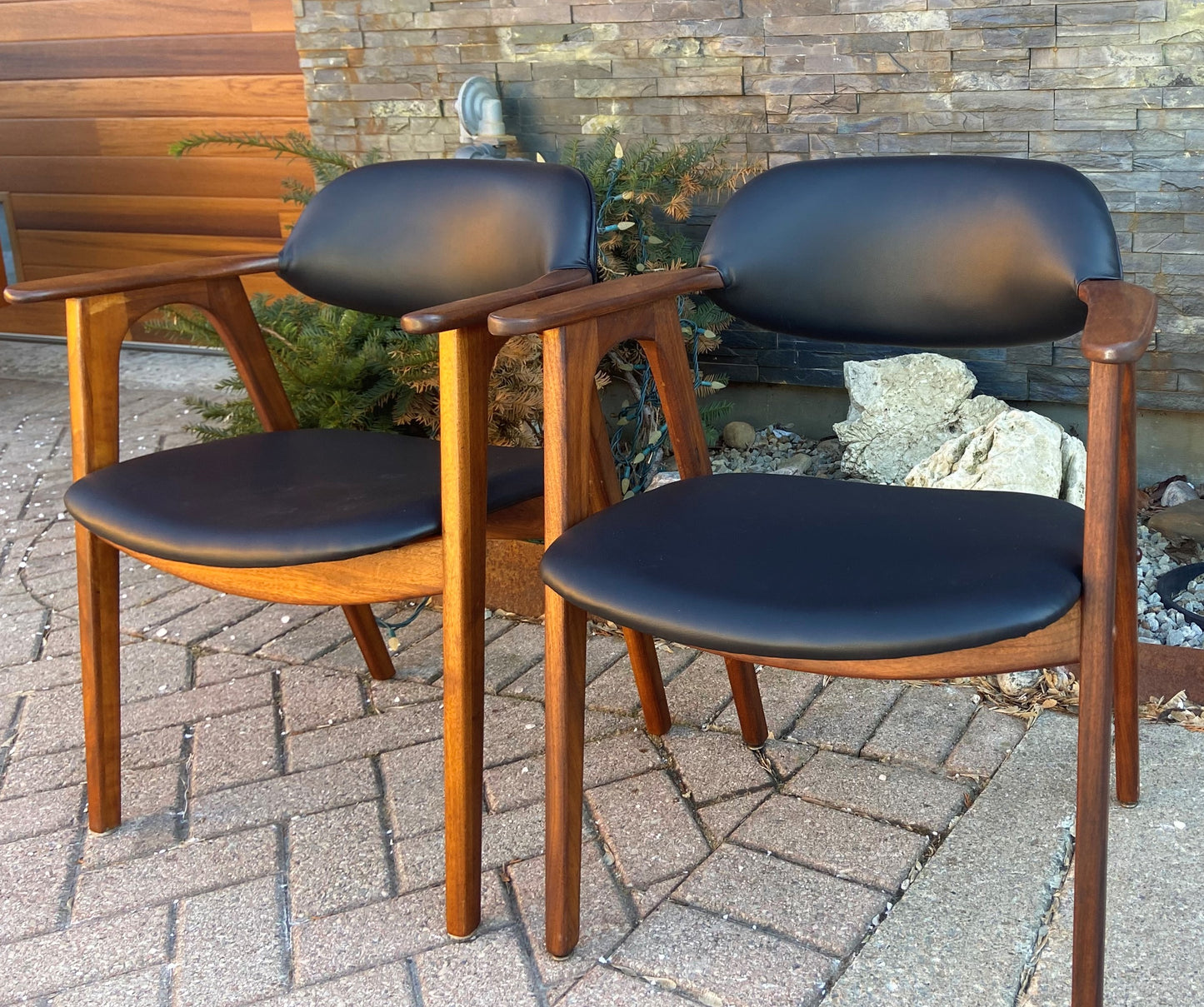 Set of 2 REFINISHED REUPHOLSTERED Mid Century Modern walnut armchairs