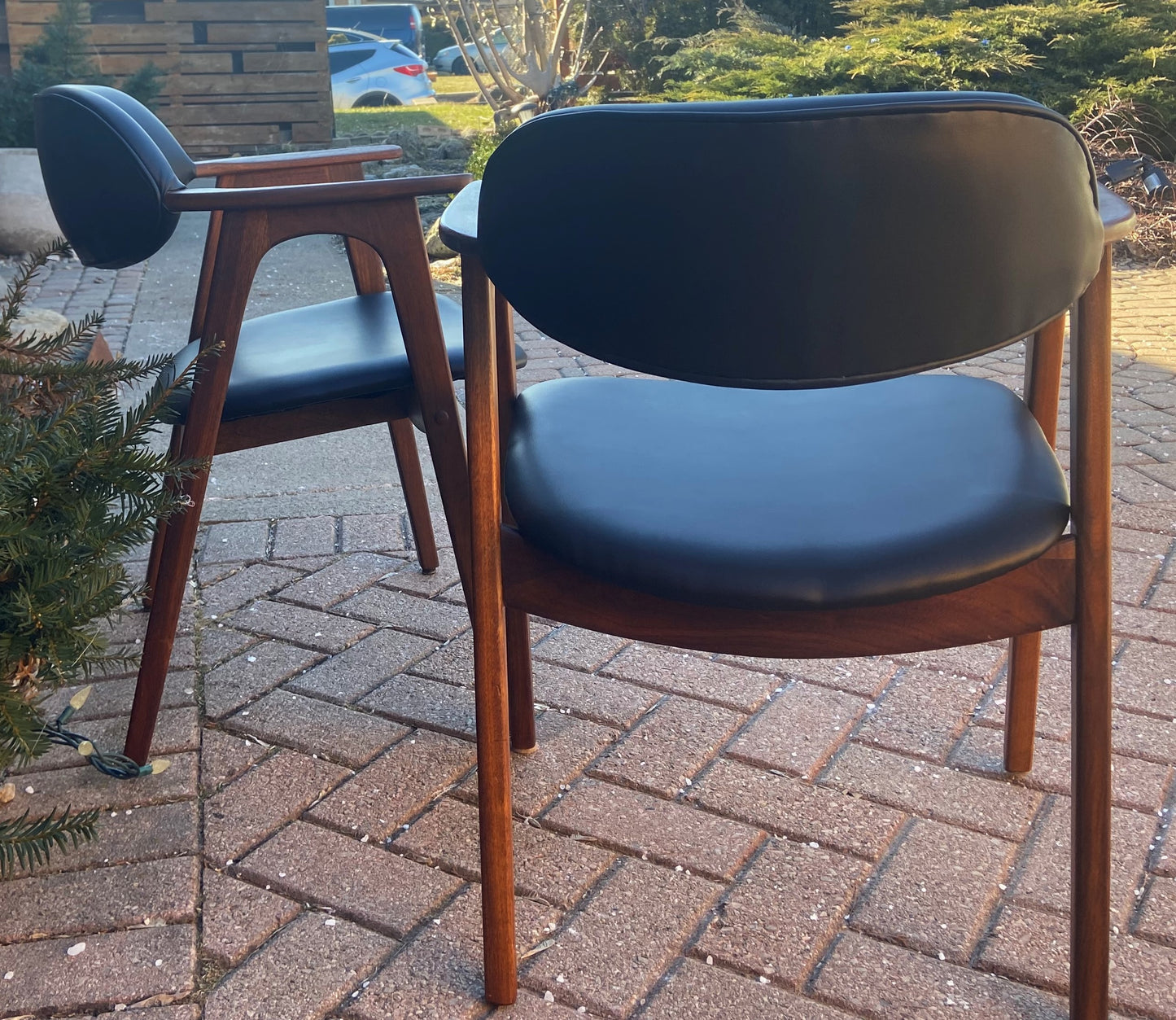 Set of 2 REFINISHED REUPHOLSTERED Mid Century Modern walnut armchairs