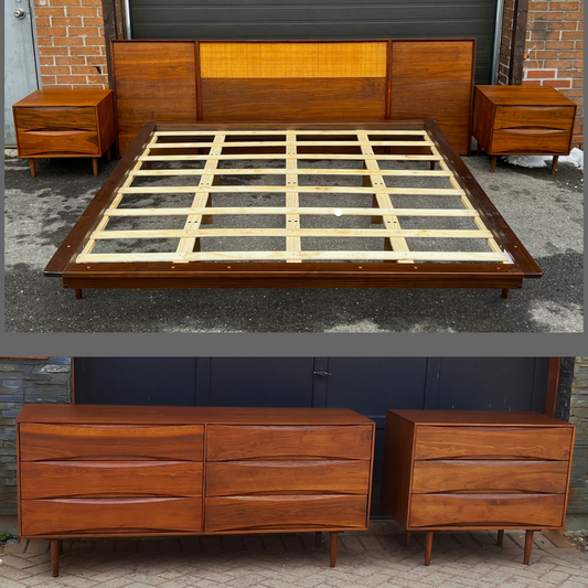 REFINISHED Mid Century Modern Walnut & Cane Bed King, 2 Dressers, 2 Nightstands
