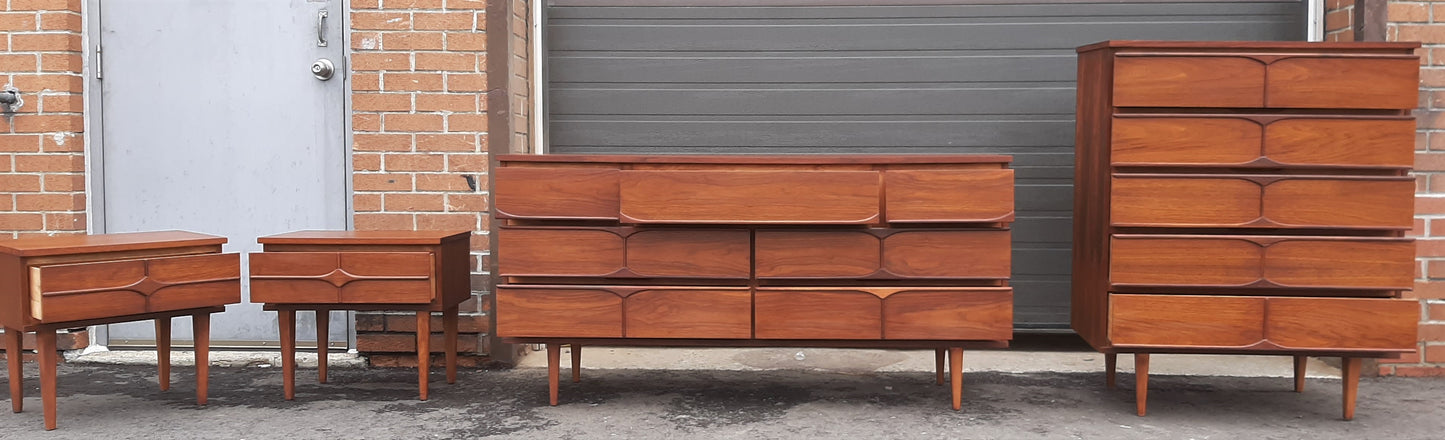 REFINISHED Compact MCM Walnut long dresser, tallboy & 2 night stands, PERFECT - Mid Century Modern Toronto