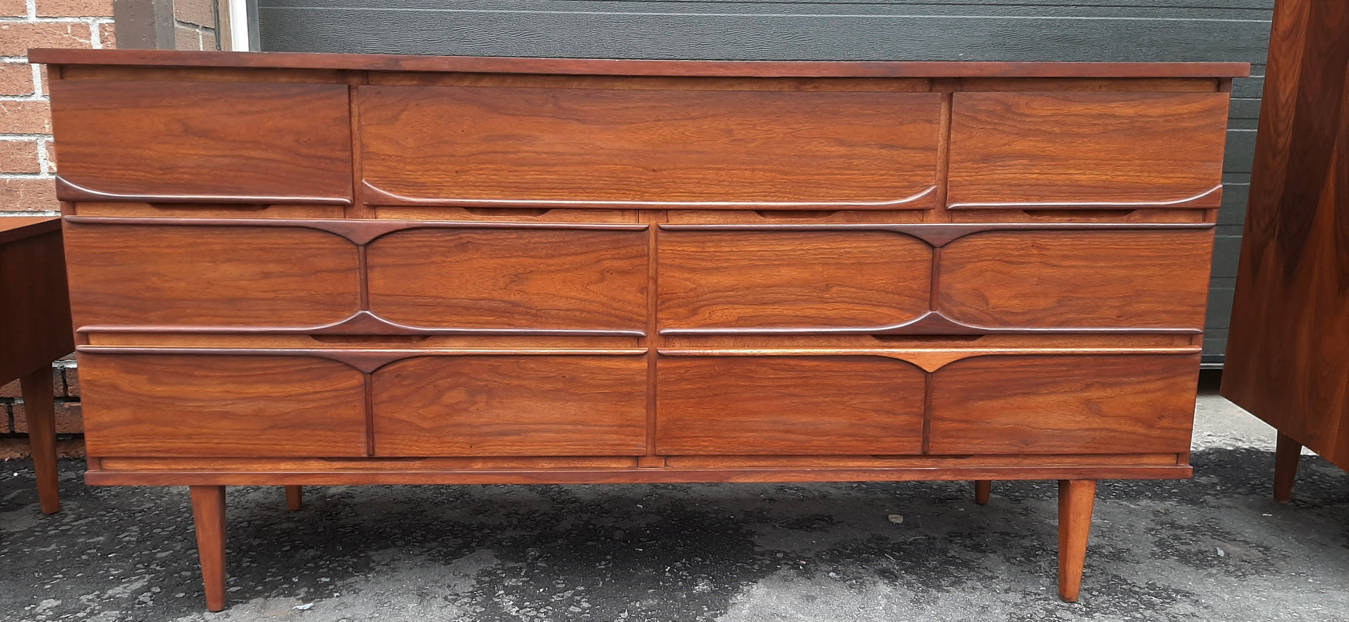 REFINISHED Compact MCM Walnut long dresser, tallboy & 2 night stands, PERFECT - Mid Century Modern Toronto