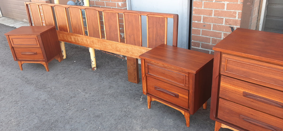 ON HOLD***REFINISHED MCM  walnut dresser 9 drawers, tallboy, 2 nigh stands, headboard for queen bed & frame - PERFECT - Mid Century Modern Toronto