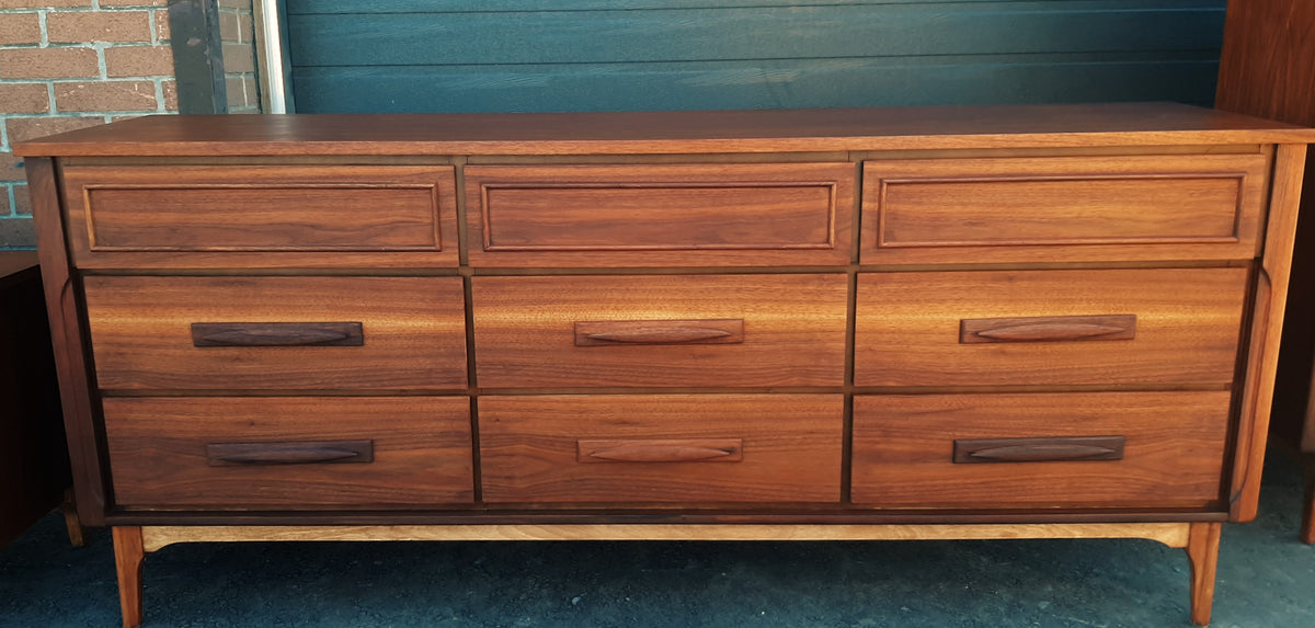 ON HOLD***REFINISHED MCM  walnut dresser 9 drawers, tallboy, 2 nigh stands, headboard for queen bed & frame - PERFECT - Mid Century Modern Toronto