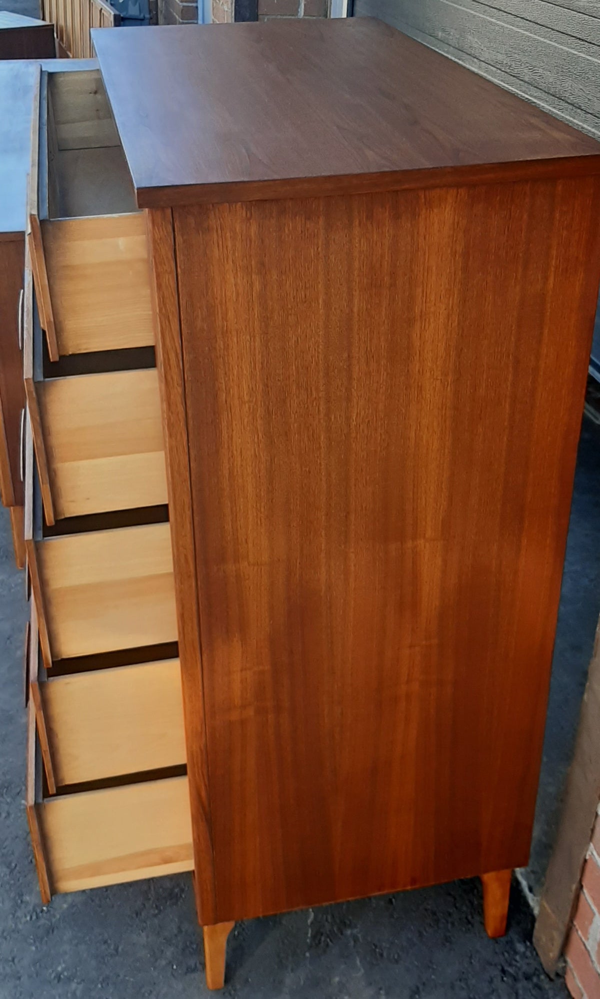 ON HOLD***REFINISHED MCM  walnut dresser 9 drawers, tallboy, 2 nigh stands, headboard for queen bed & frame - PERFECT - Mid Century Modern Toronto