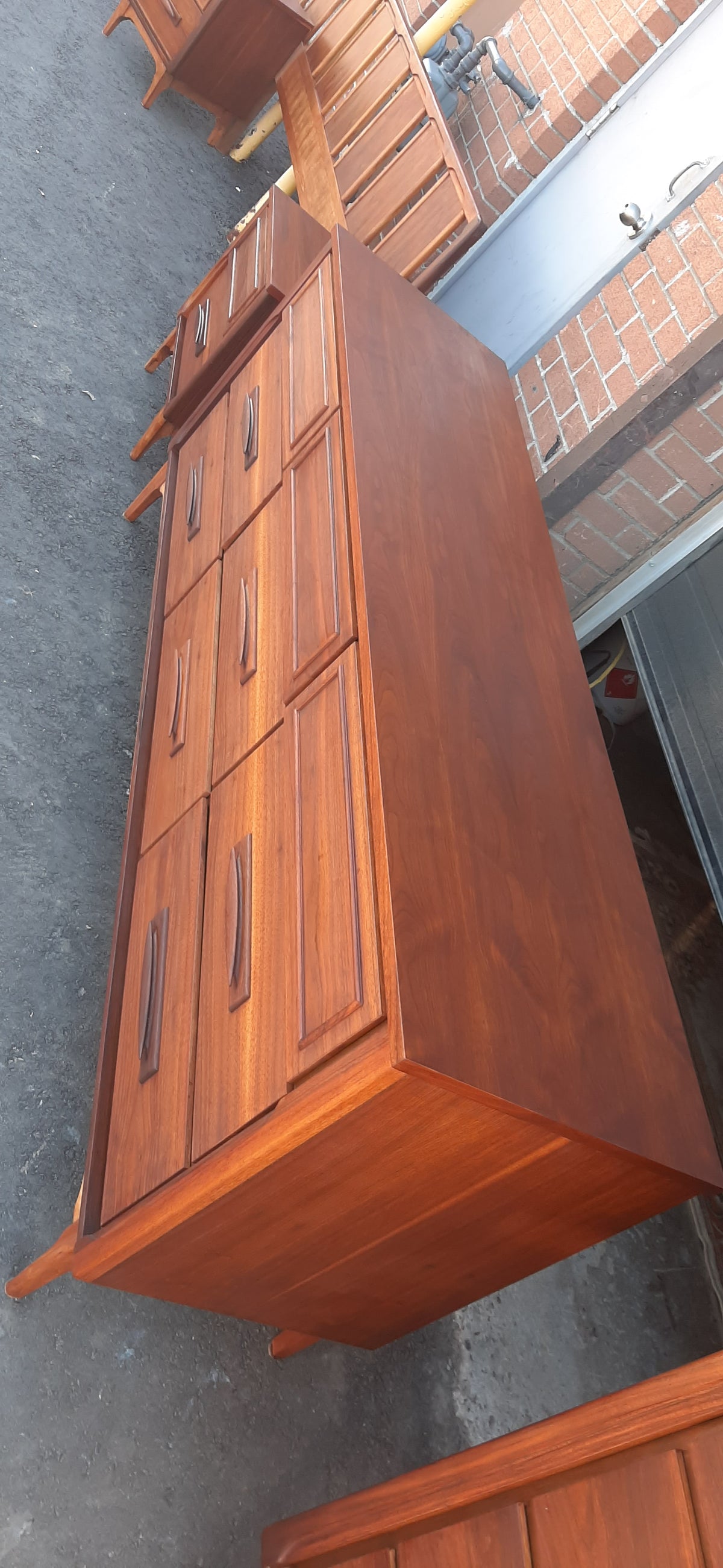 ON HOLD***REFINISHED MCM  walnut dresser 9 drawers, tallboy, 2 nigh stands, headboard for queen bed & frame - PERFECT - Mid Century Modern Toronto