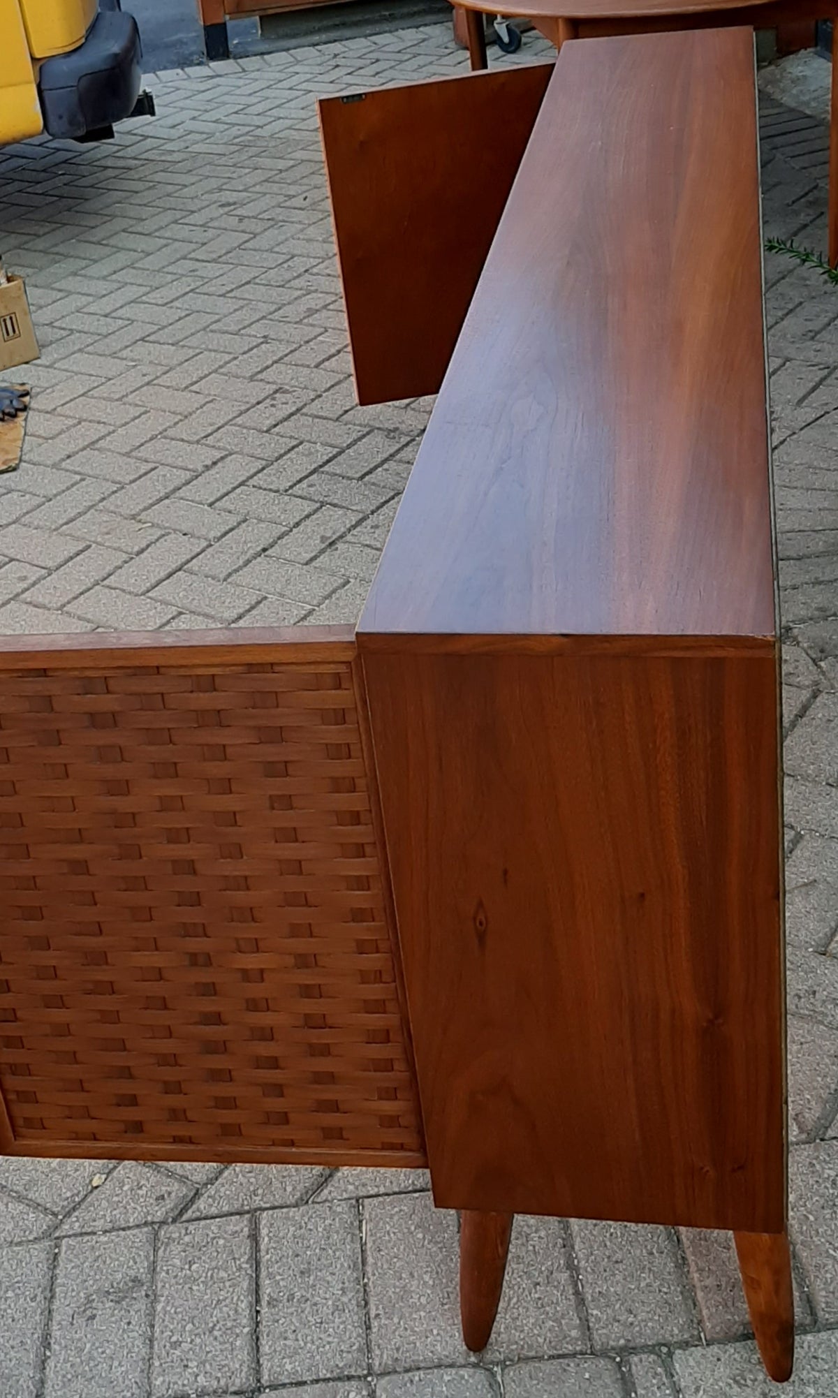 REFINISHED MCM Walnut Display w woven & glass doors 71