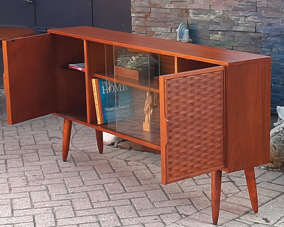 REFINISHED MCM Walnut Display w woven & glass doors 71