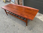 REFINISHED Mid Century Modern walnut coffee table w slatted shelf, 54