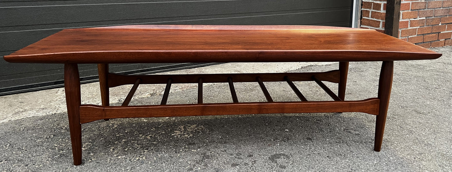 REFINISHED Mid Century Modern walnut coffee table w slatted shelf, 54"