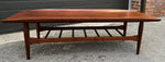 REFINISHED Mid Century Modern walnut coffee table w slatted shelf, 54