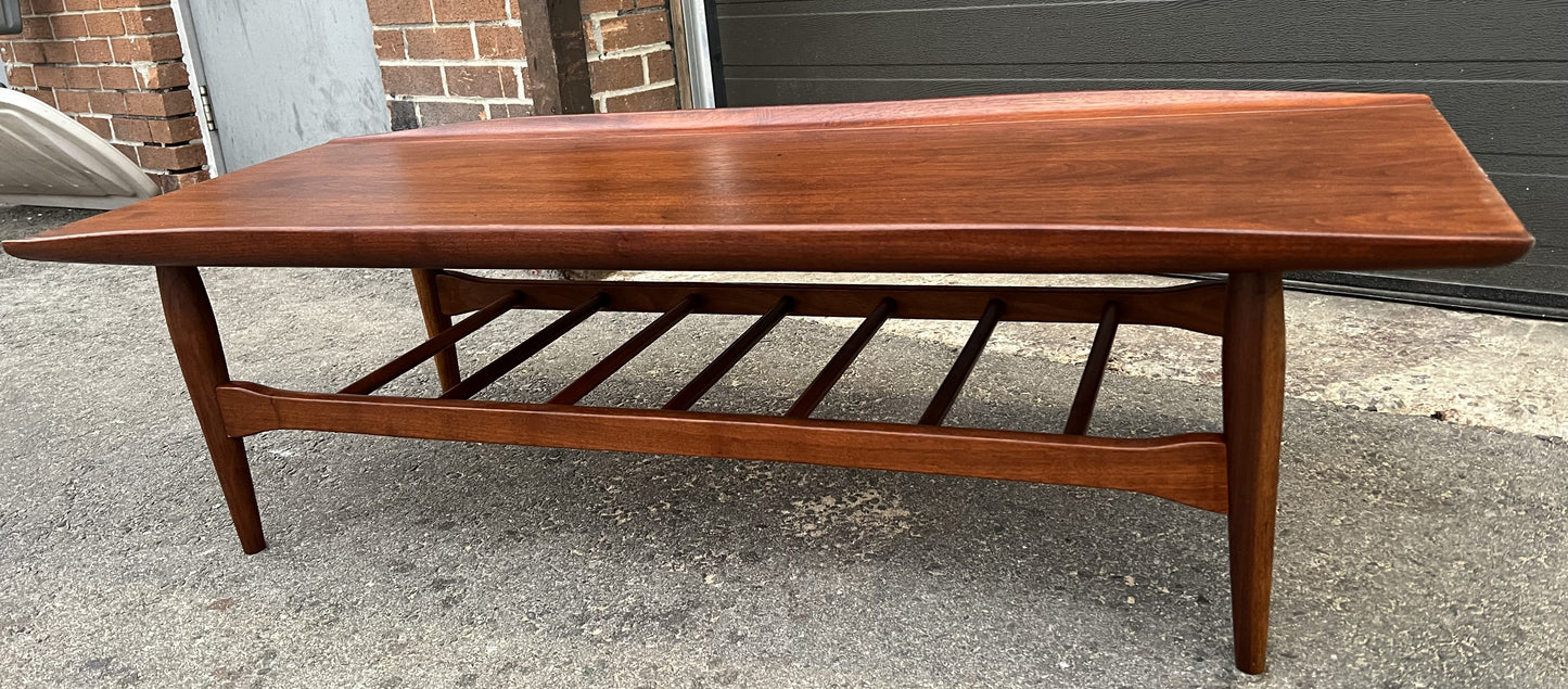 REFINISHED Mid Century Modern walnut coffee table w slatted shelf, 54"