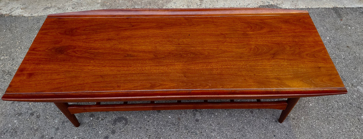 REFINISHED Mid Century Modern walnut coffee table w slatted shelf, 54