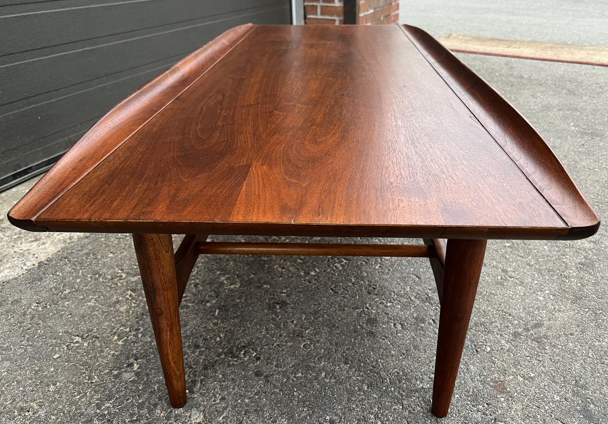 REFINISHED Mid Century Modern walnut coffee table w slatted shelf, 54