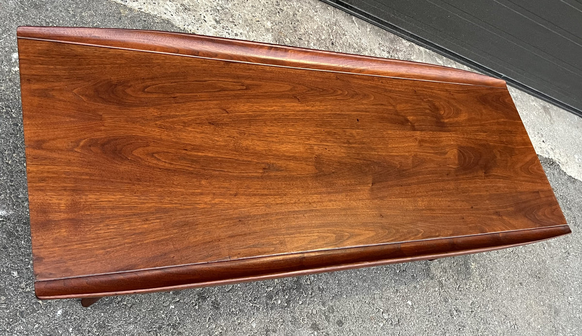 REFINISHED Mid Century Modern walnut coffee table w slatted shelf, 54