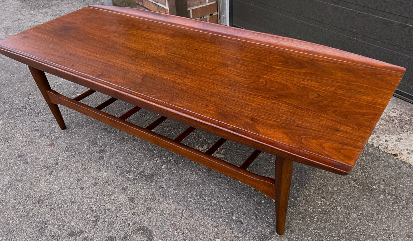 REFINISHED Mid Century Modern walnut coffee table w slatted shelf, 54"