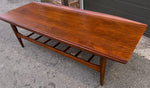 REFINISHED Mid Century Modern walnut coffee table w slatted shelf, 54