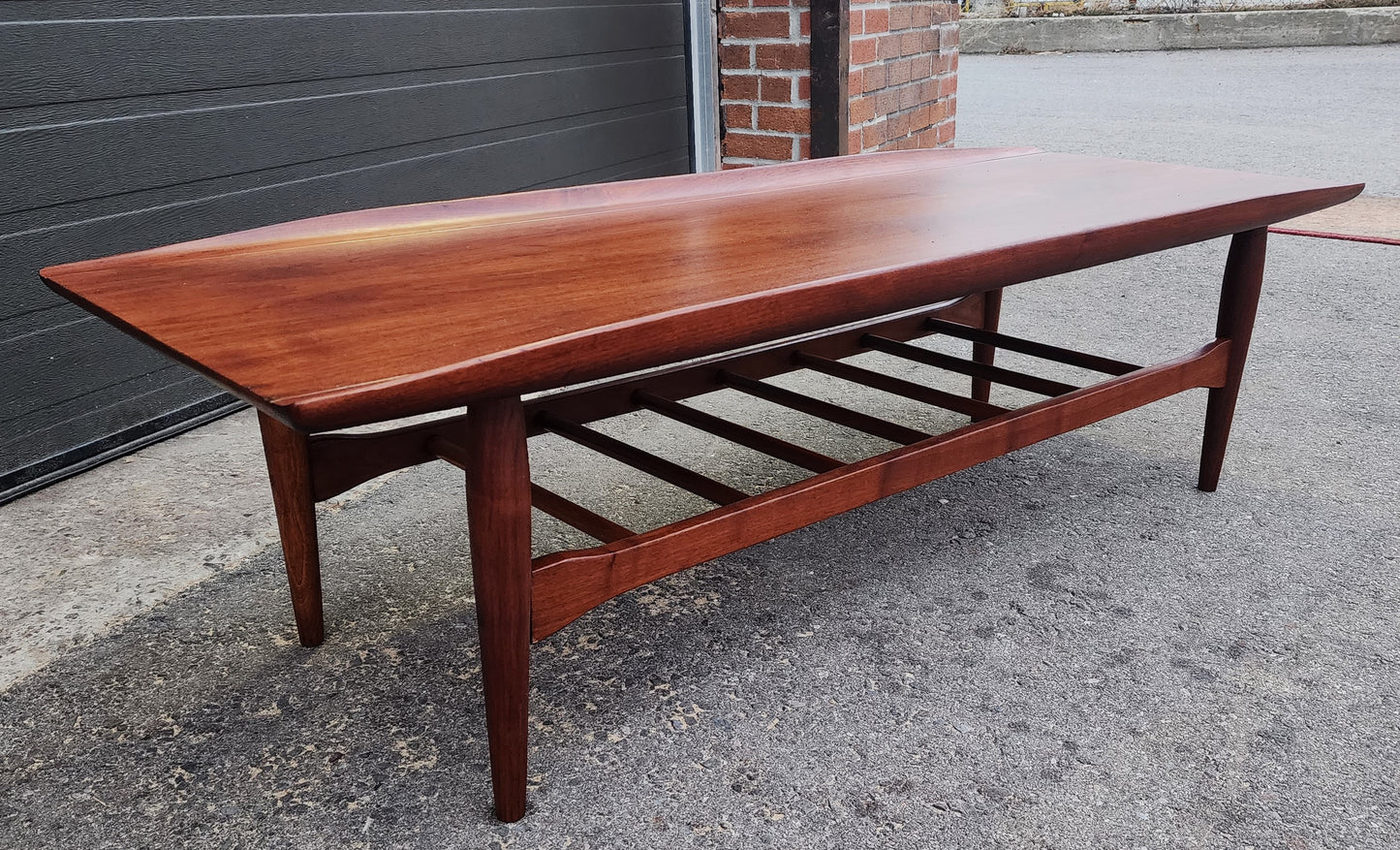 REFINISHED Mid Century Modern walnut coffee table w slatted shelf, 54"