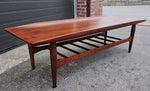 REFINISHED Mid Century Modern walnut coffee table w slatted shelf, 54