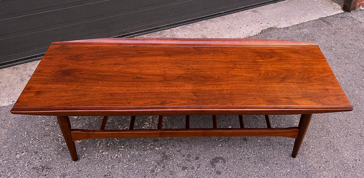 REFINISHED Mid Century Modern walnut coffee table w slatted shelf, 54