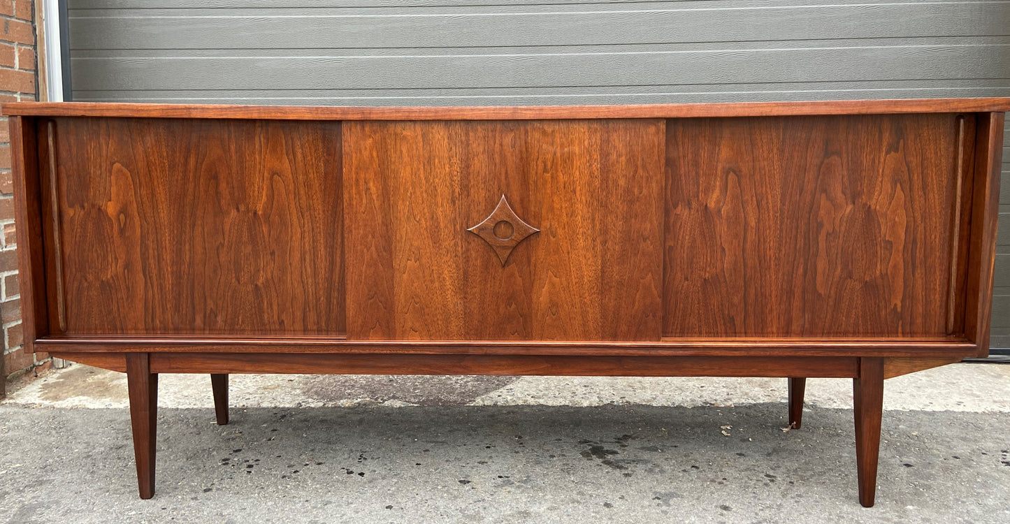 REFINISHED Mid Century Modern Walnut Sideboard Two-Sided/ Divider w 6 doors, 72"