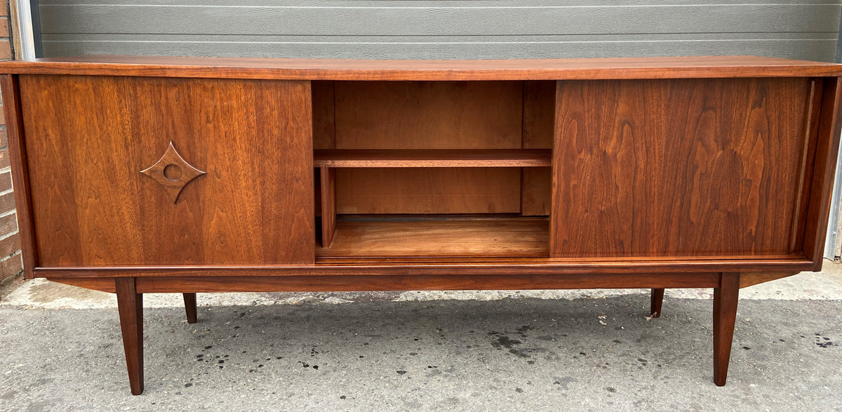 REFINISHED Mid Century Modern Walnut Sideboard Two-Sided/ Divider w 6 doors, 72