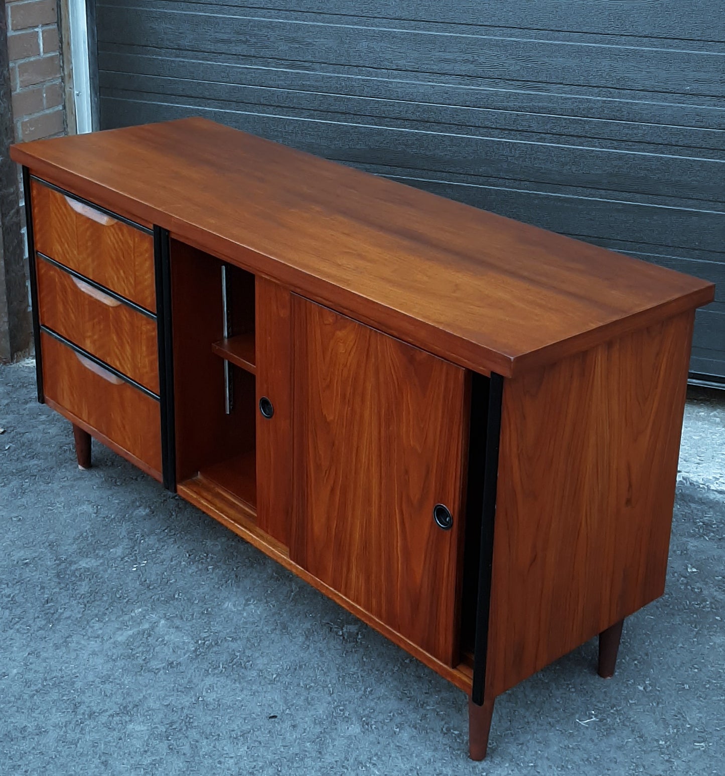 REFINISHED  MCM Walnut Credenza with Sliding Doors & Drawers & Finished back 54" - Mid Century Modern Toronto