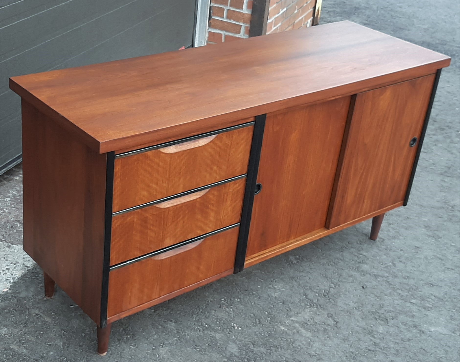 REFINISHED  MCM Walnut Credenza with Sliding Doors & Drawers & Finished back 54" - Mid Century Modern Toronto