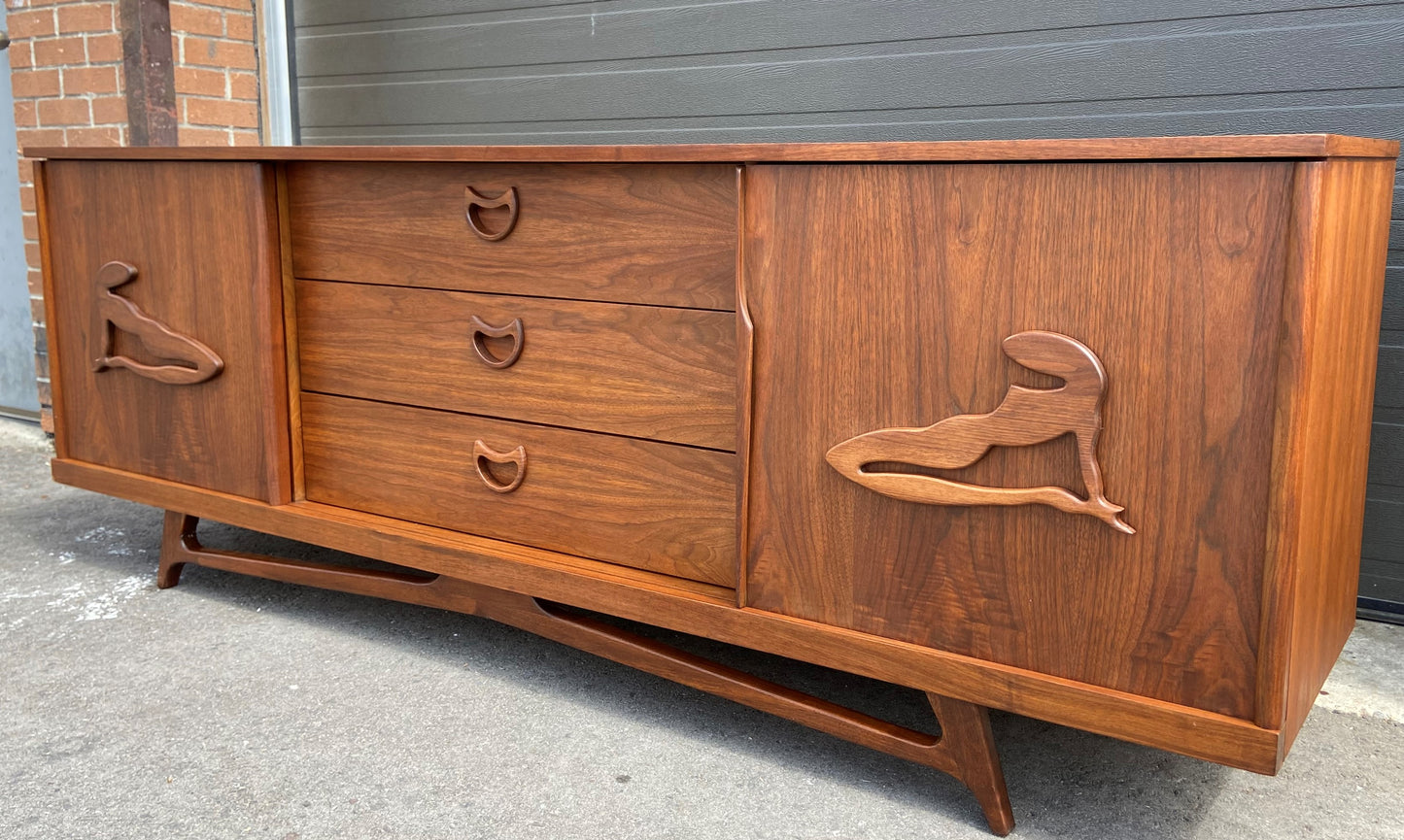 REFINISHED MCM Walnut Credenza or Dresser with sliding doors, PERFECT