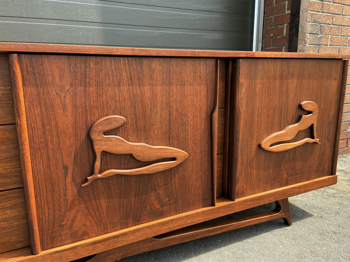 REFINISHED MCM Walnut Credenza or Dresser with sliding doors, PERFECT