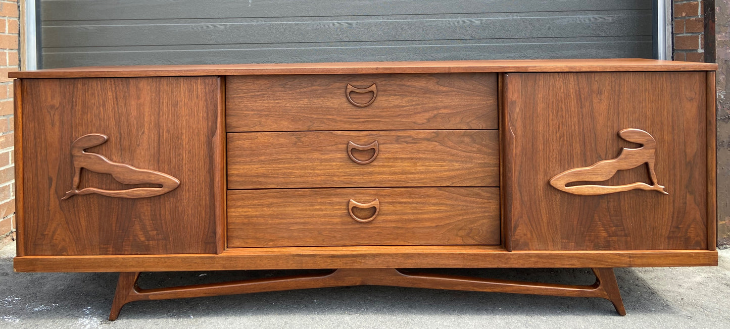 REFINISHED MCM Walnut Credenza or Dresser with sliding doors, PERFECT