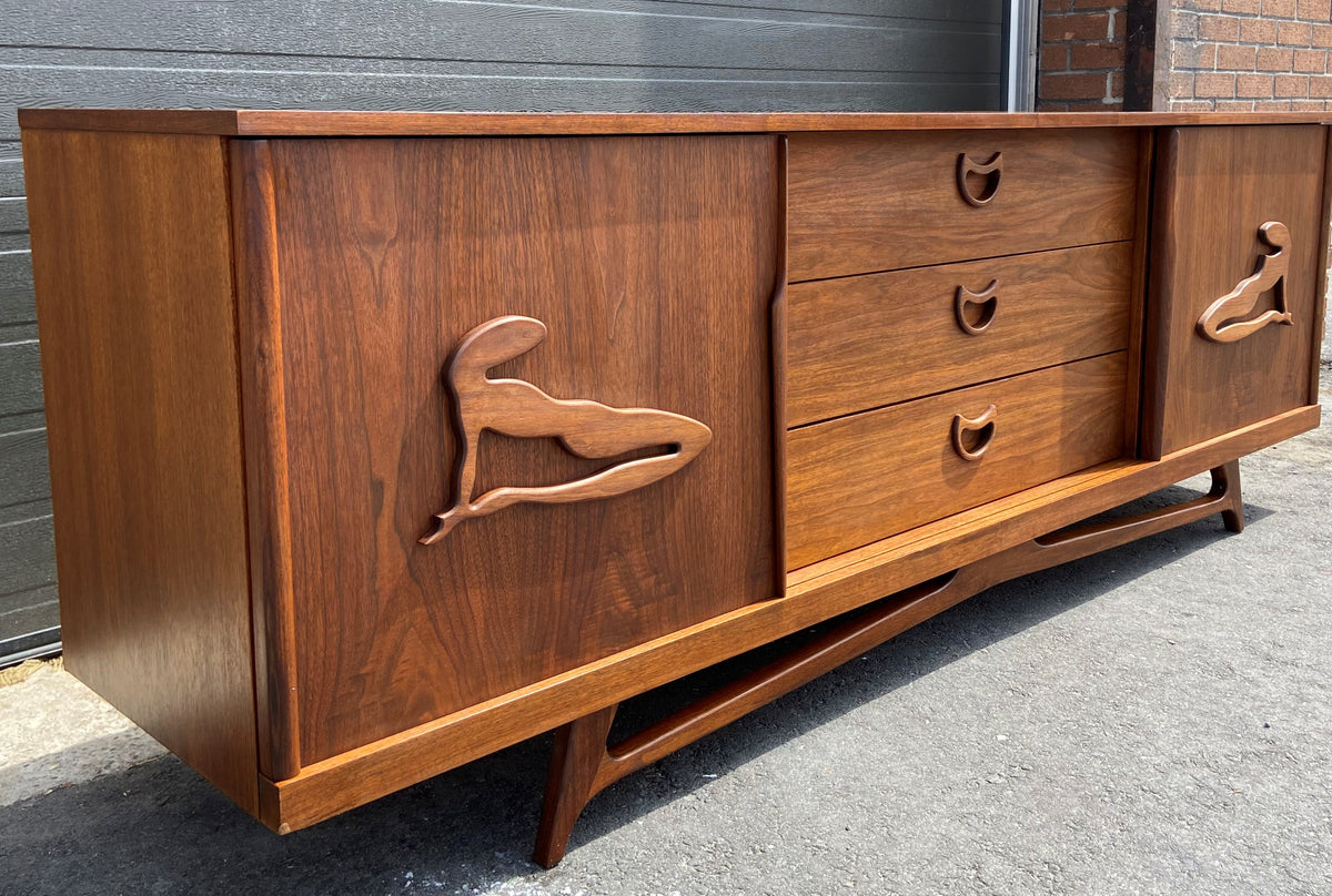 REFINISHED MCM Walnut Credenza or Dresser with sliding doors, PERFECT